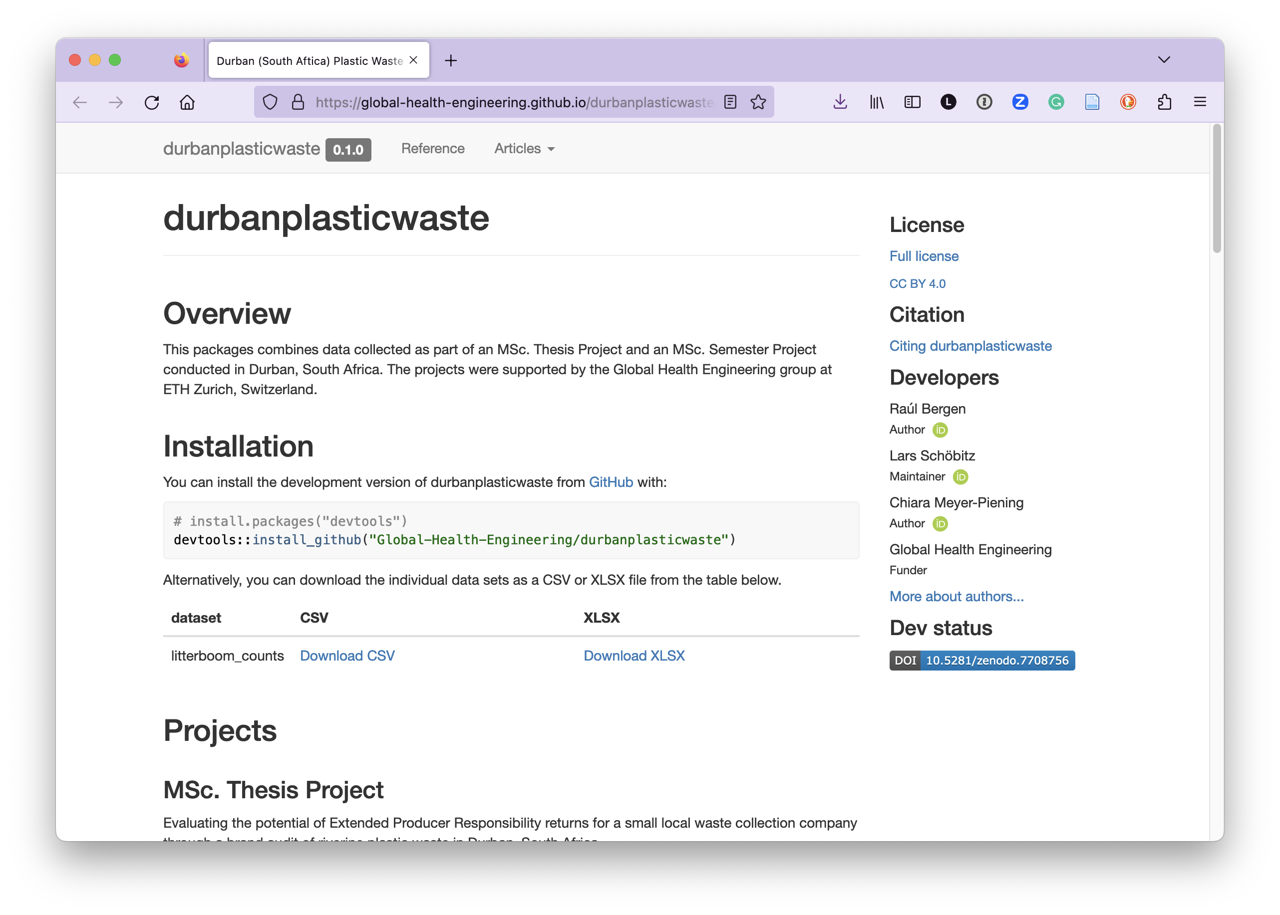 Screenshot of the durbanplasticwaste R package documentation homepage at https://global-health-engineering.github.io/durbanplasticwaste/.