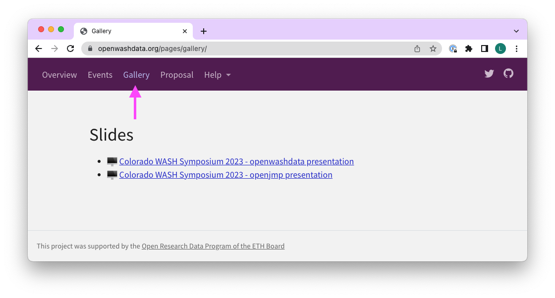 Screenshot of the openwashdata website gallery at https://openwashdata.org/pages/gallery/.